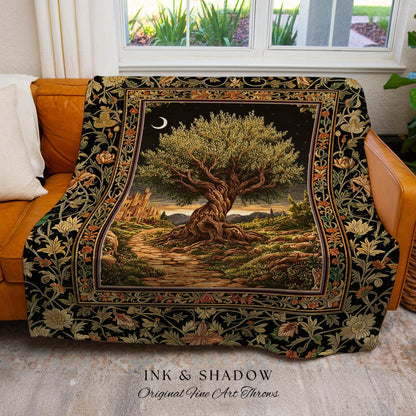 Rustic Castle Olive Tree Whimsical Throw Blanket Woven Cotton Wall Tapestry