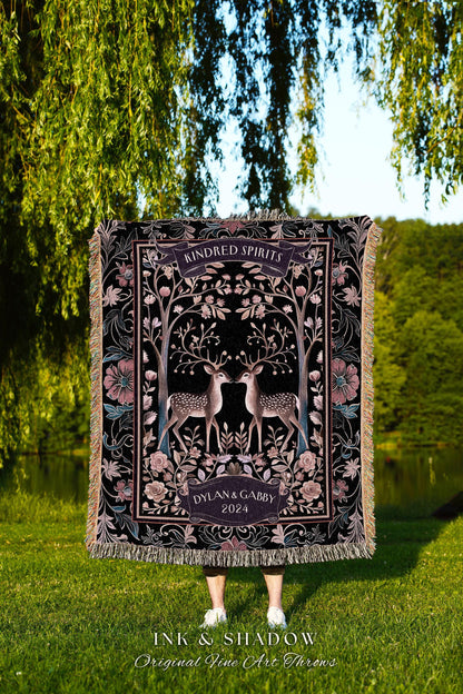 Folklore Forest Deer Lovers Whimsical Wedding Woven Throw Blanket | Personalize Anniversary Keepsake Gift Dark Cottagecore Floral Decor