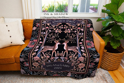 Folklore Forest Deer Lovers Whimsical Wedding Woven Throw Blanket | Personalize Anniversary Keepsake Gift Dark Cottagecore Floral Decor