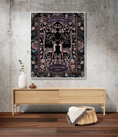 Folklore Forest Deer Lovers Whimsical Wedding Woven Throw Blanket | Personalize Anniversary Keepsake Gift Dark Cottagecore Floral Decor
