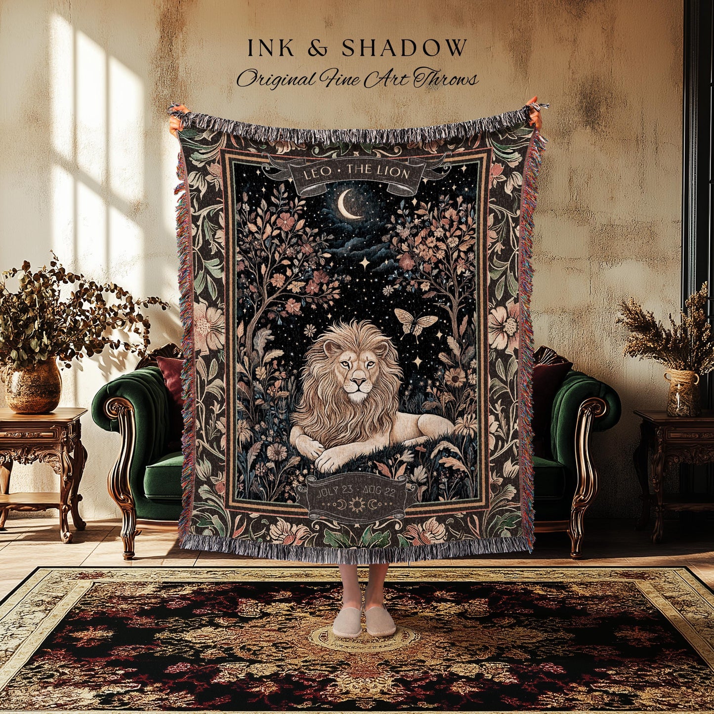Ancient Garden Leo Astrology Blanket Mystical Forestcore Zodiac Decor | The Lion Woodland Goblincore Vintage Constellation Birth Month Gift
