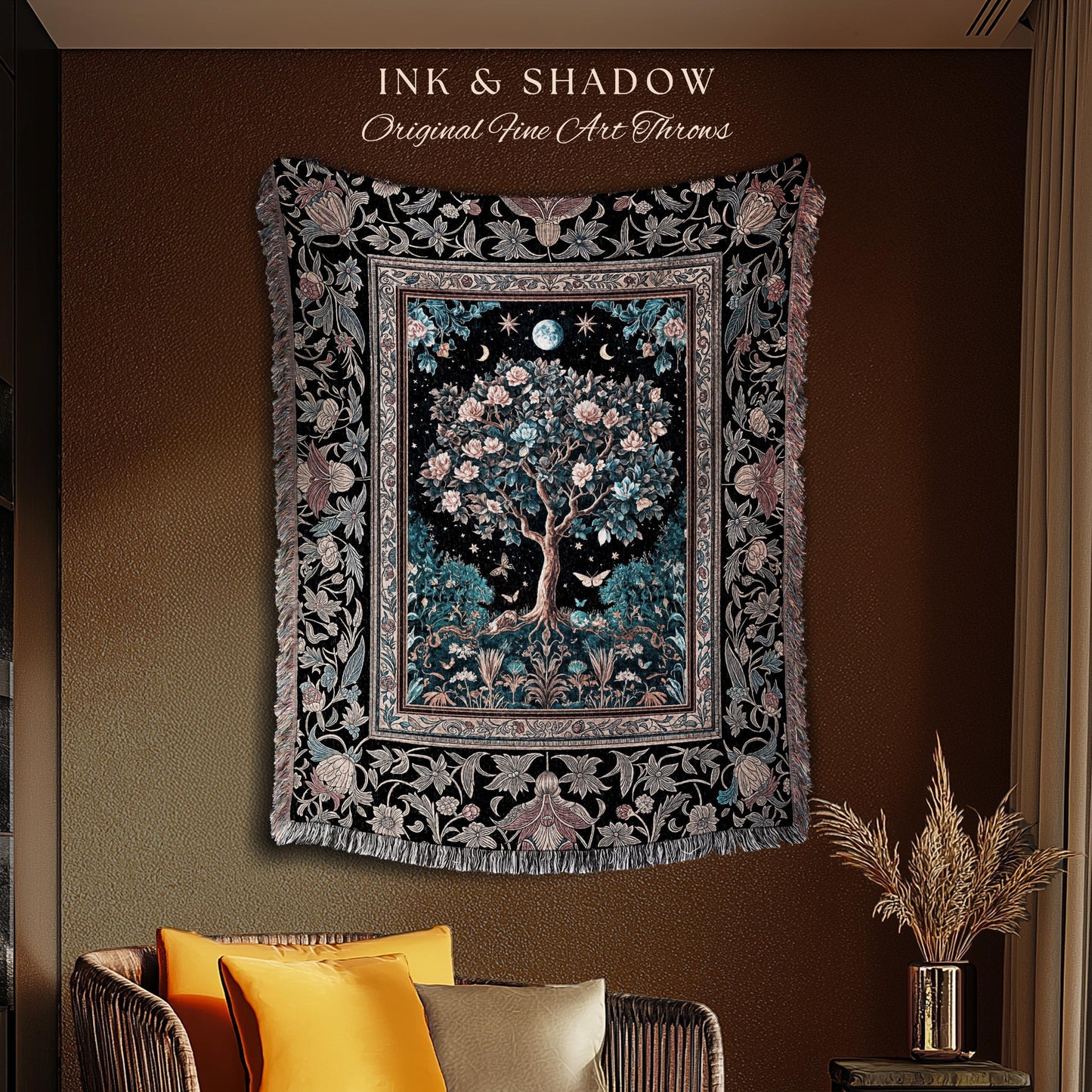 Enchanted Moonlit Tree of Life Woven Throw Blanket Jacquard Tapestry