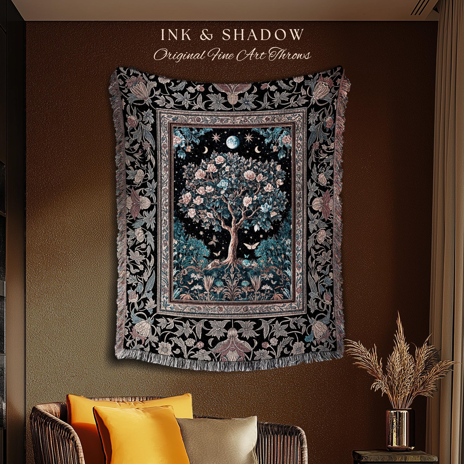 Enchanted Moonlit Tree of Life Woven Throw Blanket Jacquard Tapestry