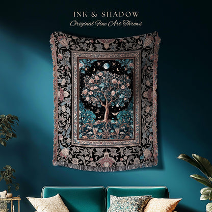 Enchanted Moonlit Tree of Life Woven Throw Blanket Jacquard Tapestry