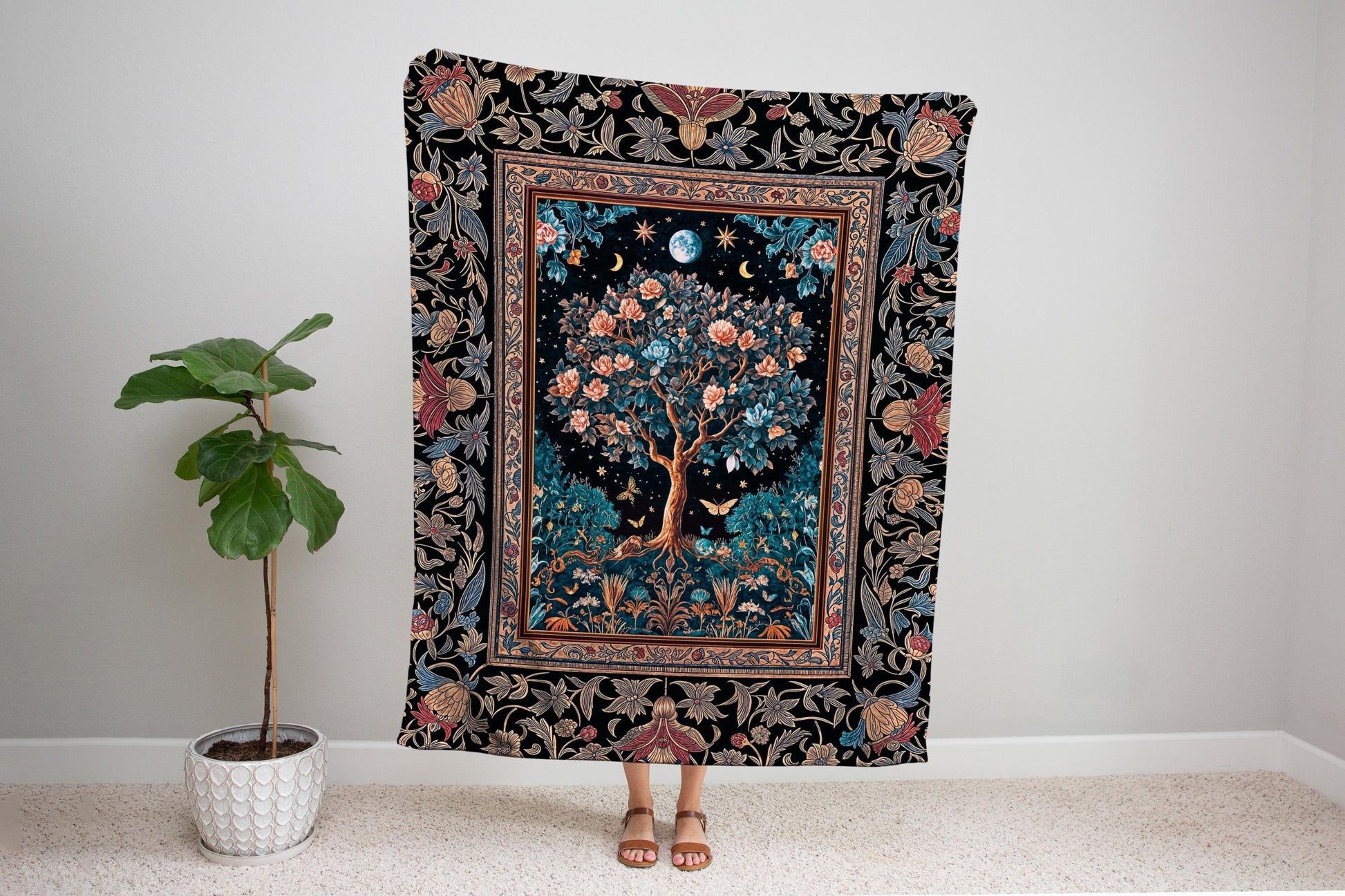 Enchanted Moonlit Tree of Life Woven Throw Blanket Jacquard Tapestry