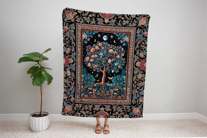 Enchanted Moonlit Tree of Life Woven Throw Blanket Jacquard Tapestry