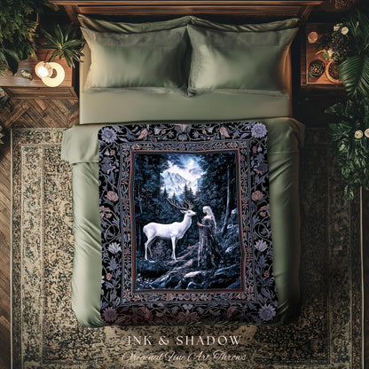 Goddess of the Woods Woven Tapestry | Ethereal Forest Folklore Inspired Nature Throw Blanket Botanical Cottagecore Medieval Magic Romantic |