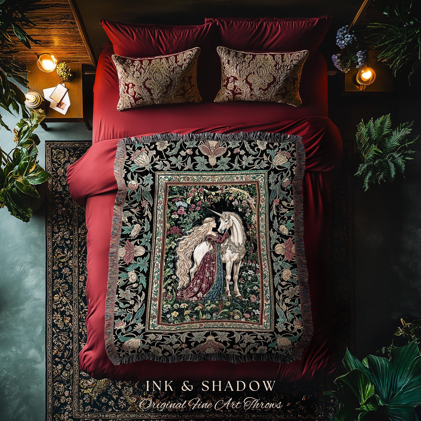 Baroque Fantasy Rustic Throw Blanket | Rococo Coquette Bedroom Decor Dark Royalcore Woven Wall Tapestry Medieval Storybook Gothic Aesthetic
