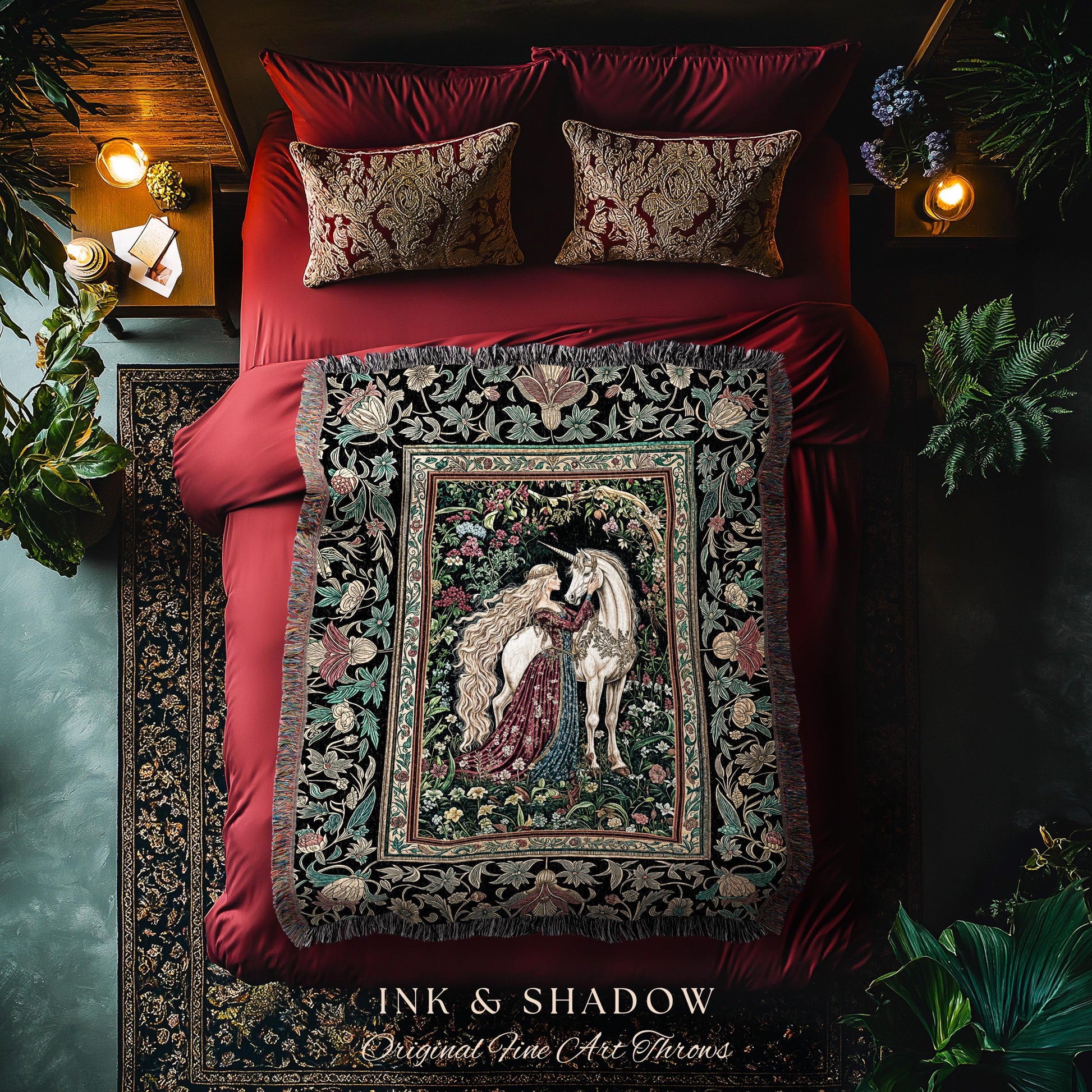 Baroque Fantasy Rustic Throw Blanket | Rococo Coquette Bedroom Decor Dark Royalcore Woven Wall Tapestry Medieval Storybook Gothic Aesthetic