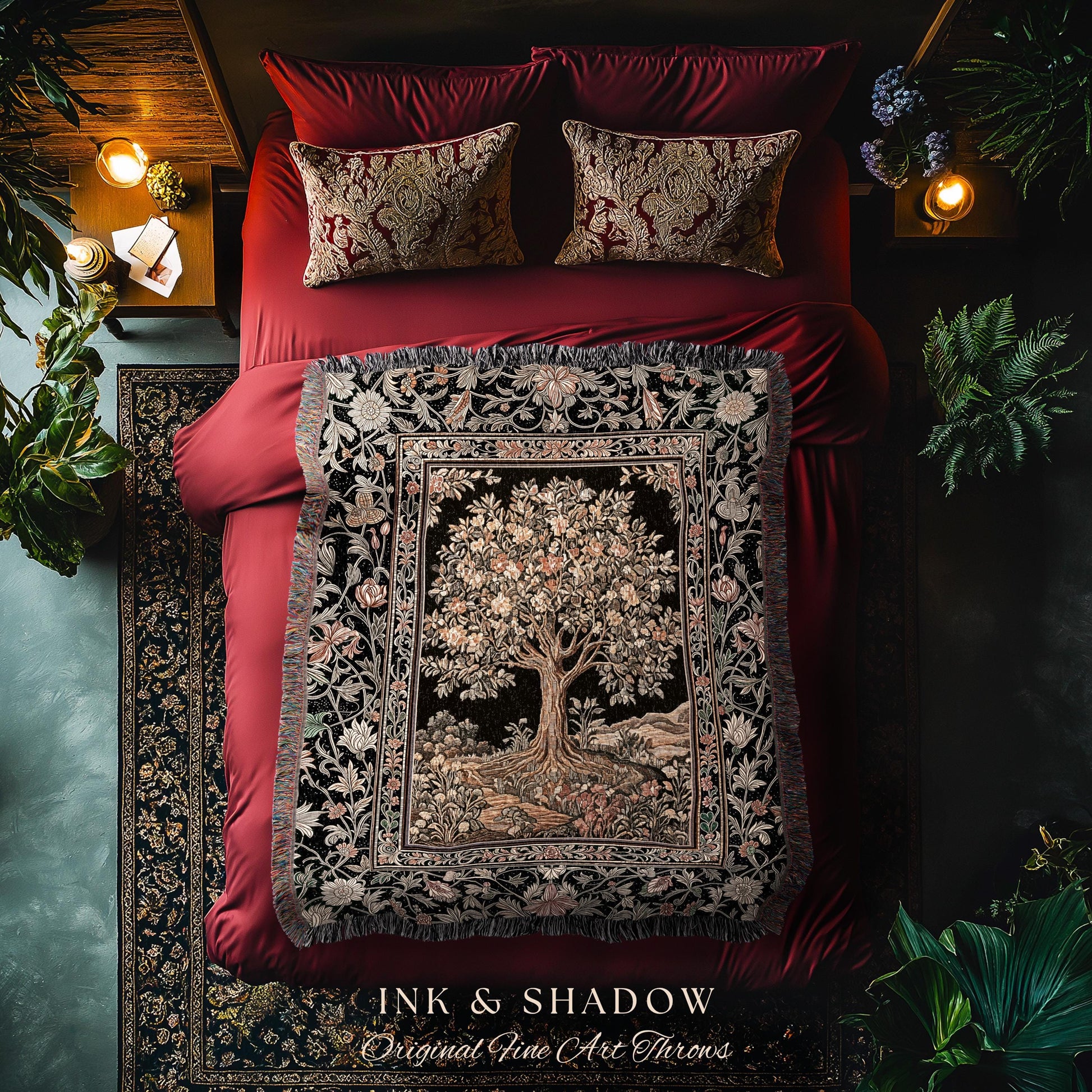 Muted Tones Eclectic Tree of Life Tapestry Blanket Jacquard Woven Coverlet