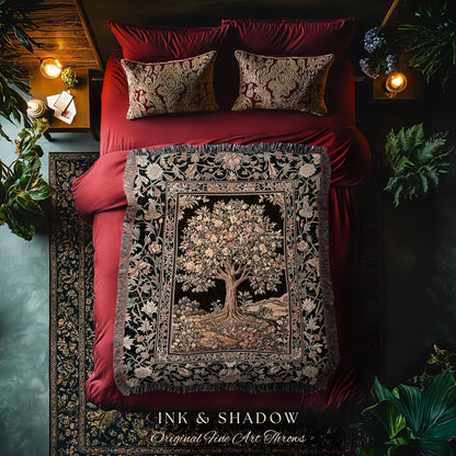 Muted Tones Eclectic Tree of Life Tapestry Blanket Jacquard Woven Coverlet