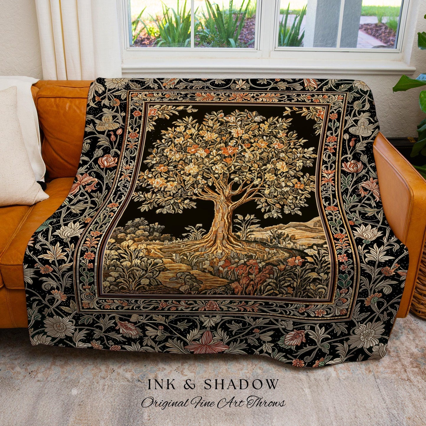Muted Tones Eclectic Tree of Life Tapestry Blanket Jacquard Woven Coverlet