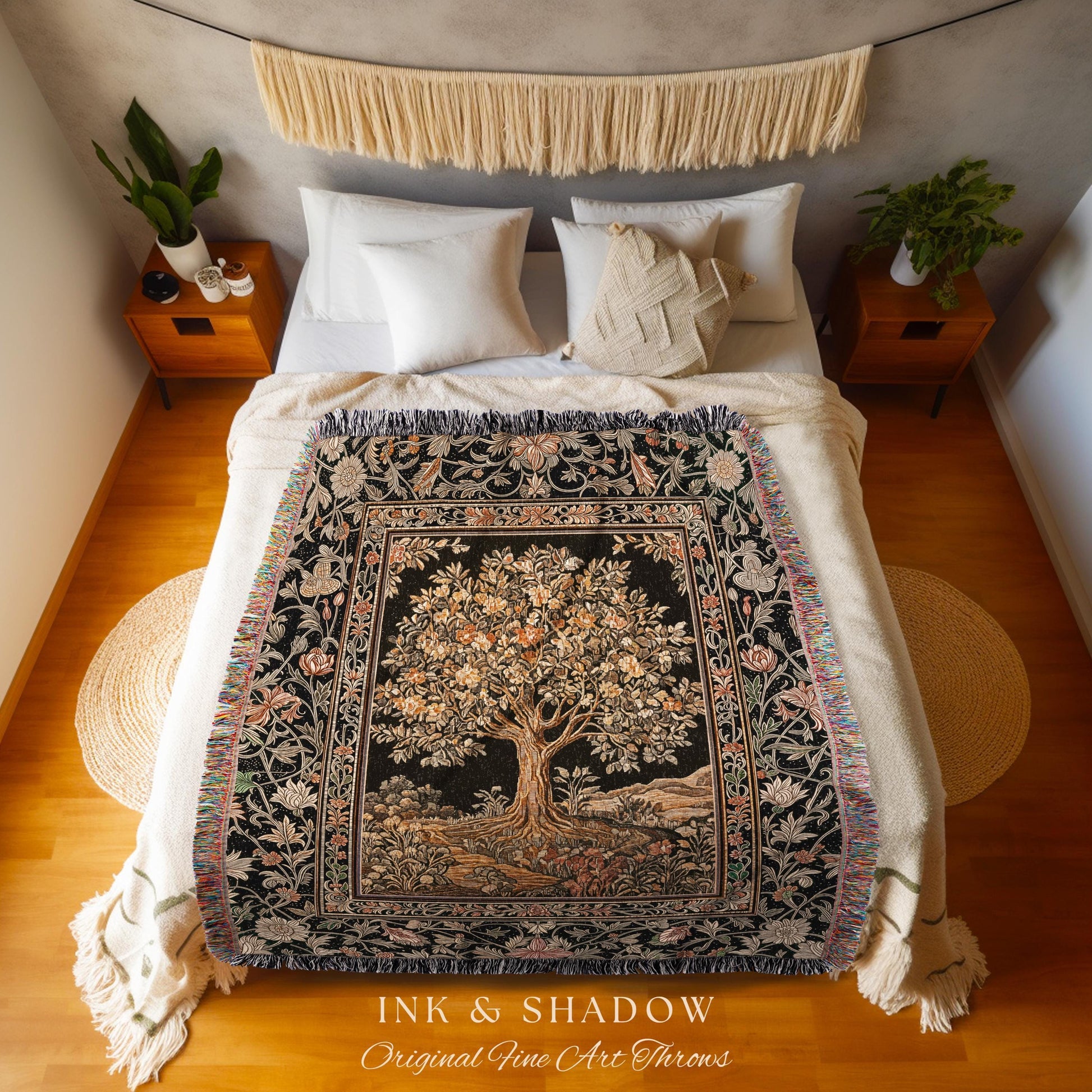 Muted Tones Eclectic Tree of Life Tapestry Blanket Jacquard Woven Coverlet