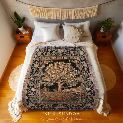 Muted Tones Eclectic Tree of Life Tapestry Blanket Jacquard Woven Coverlet