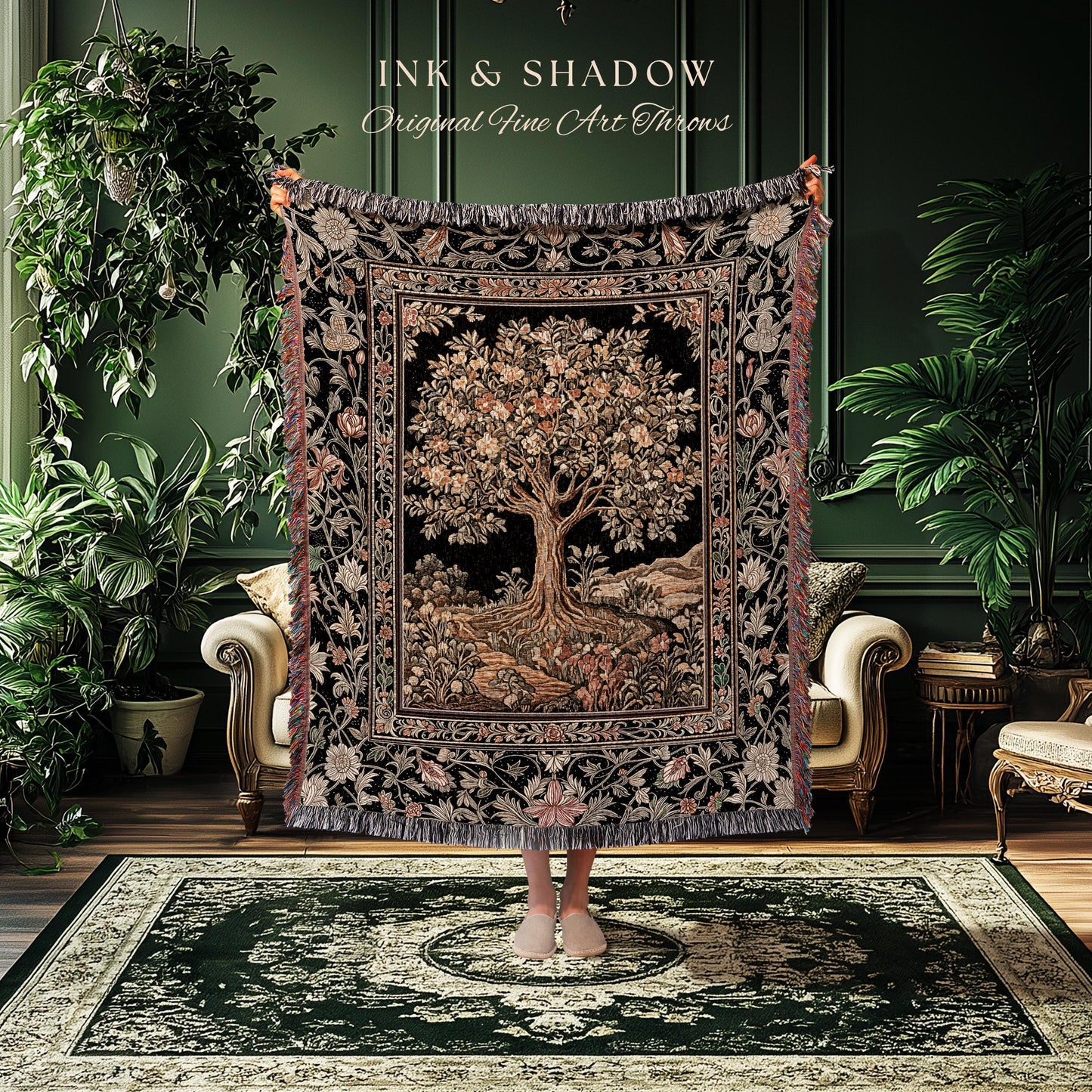 Muted Tones Eclectic Tree of Life Tapestry Blanket Jacquard Woven Coverlet