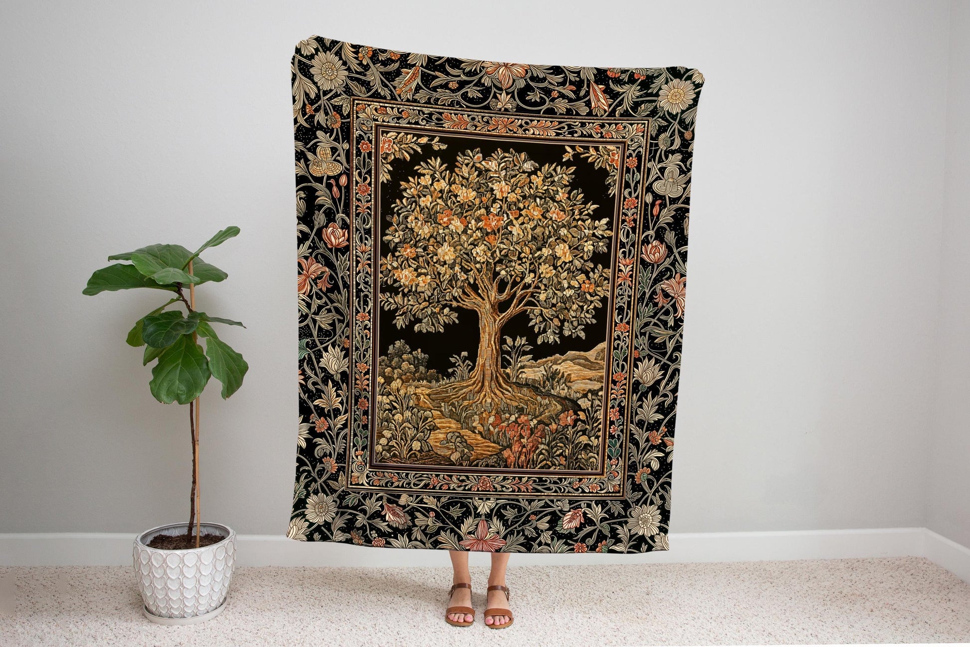 Muted Tones Eclectic Tree of Life Tapestry Blanket Jacquard Woven Coverlet