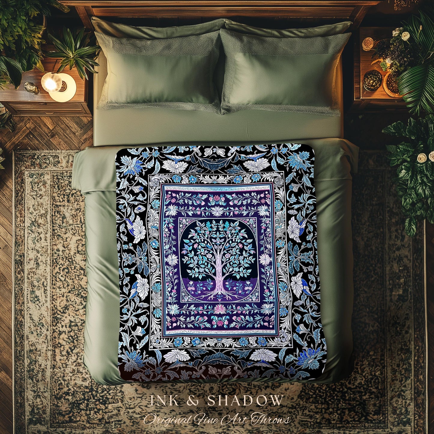 Icy Blue Pastel Gothic Tree Woven Throw Blanket Jacquard Tapestry