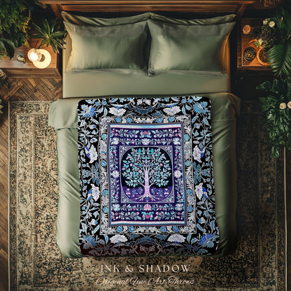 Icy Blue Pastel Gothic Tree Woven Throw Blanket Jacquard Tapestry