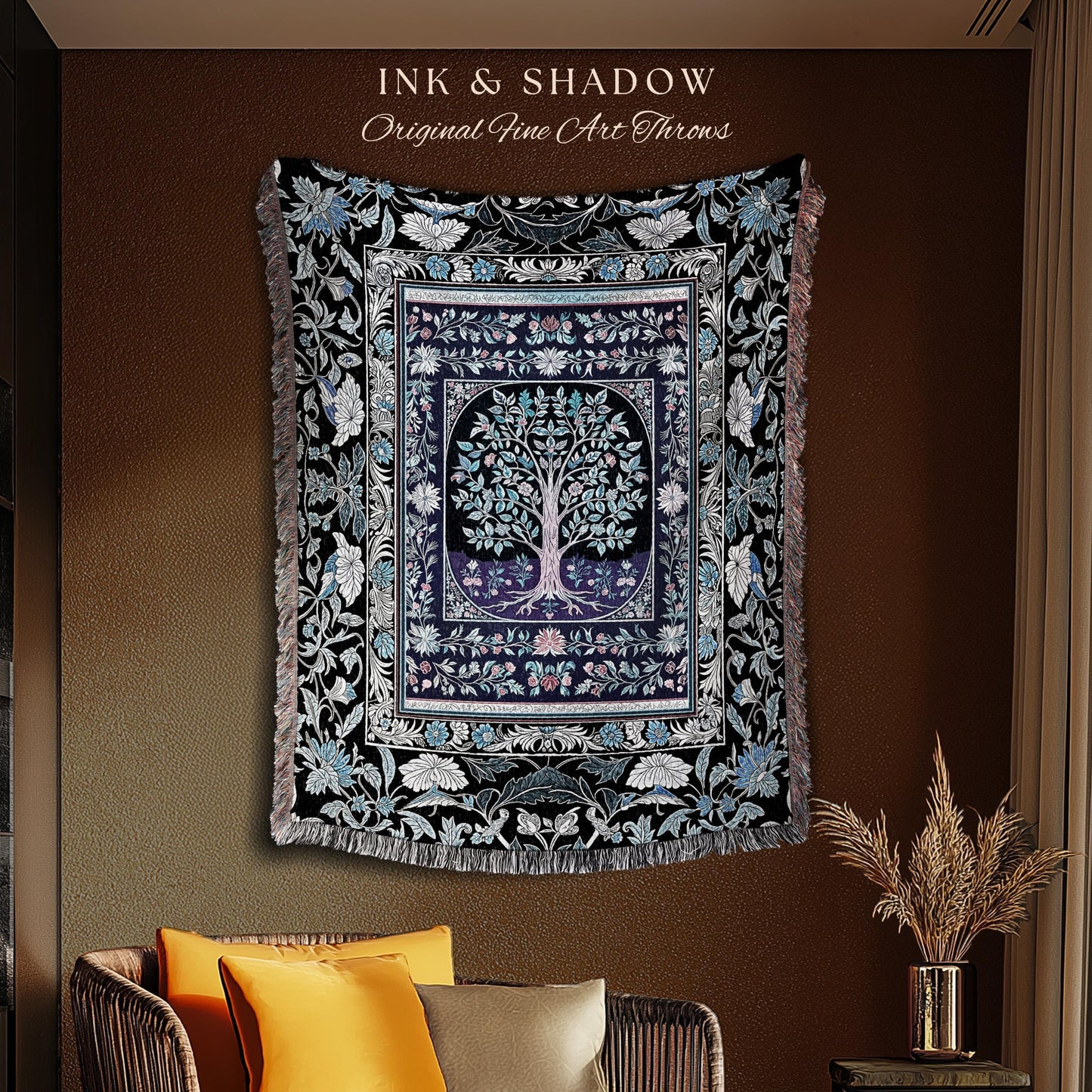Icy Blue Pastel Gothic Tree Woven Throw Blanket Jacquard Tapestry
