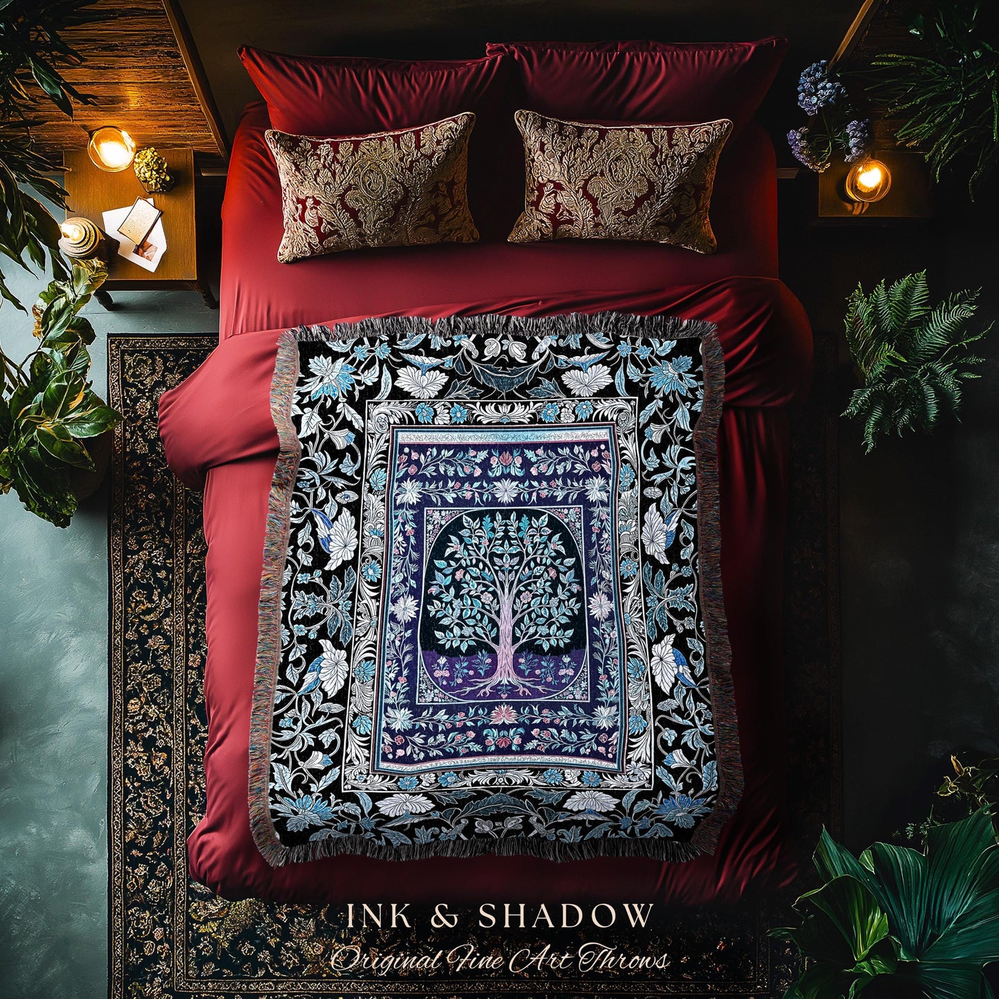Icy Blue Pastel Gothic Tree Woven Throw Blanket Jacquard Tapestry