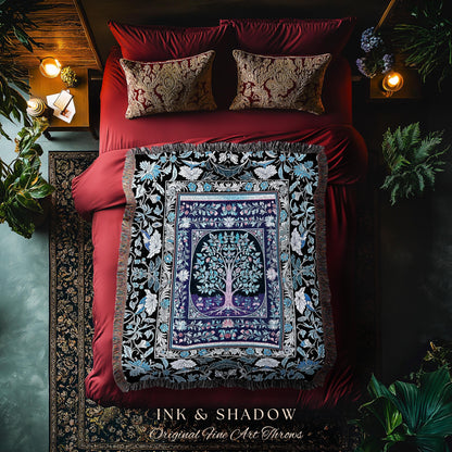 Icy Blue Pastel Gothic Tree Woven Throw Blanket Jacquard Tapestry