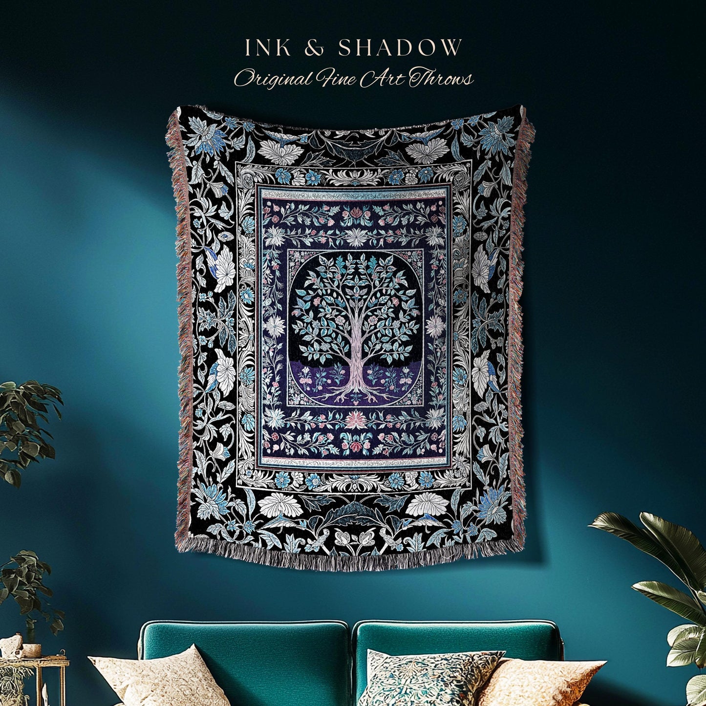 Icy Blue Pastel Gothic Tree Woven Throw Blanket Jacquard Tapestry