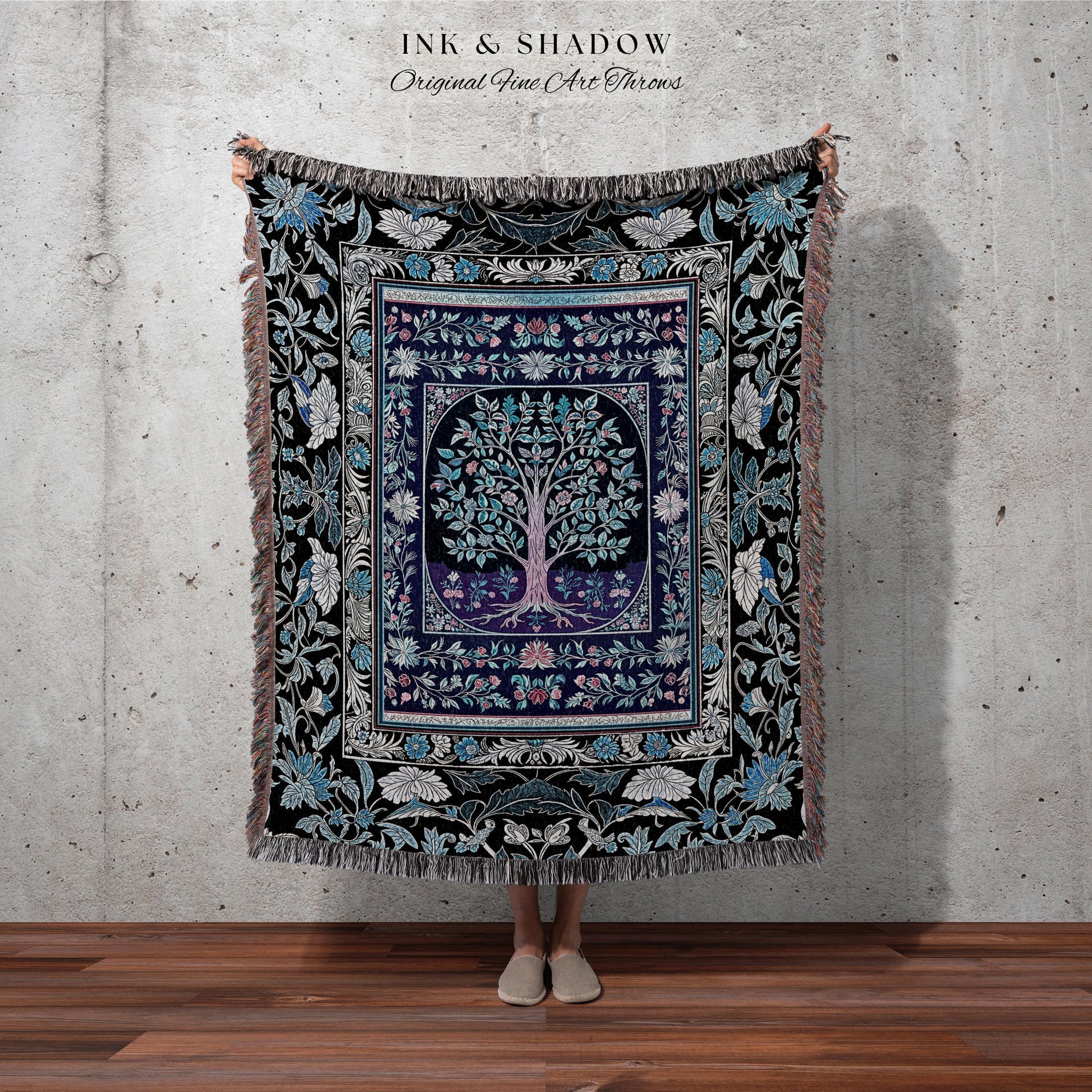 Icy Blue Pastel Gothic Tree Woven Throw Blanket Jacquard Tapestry