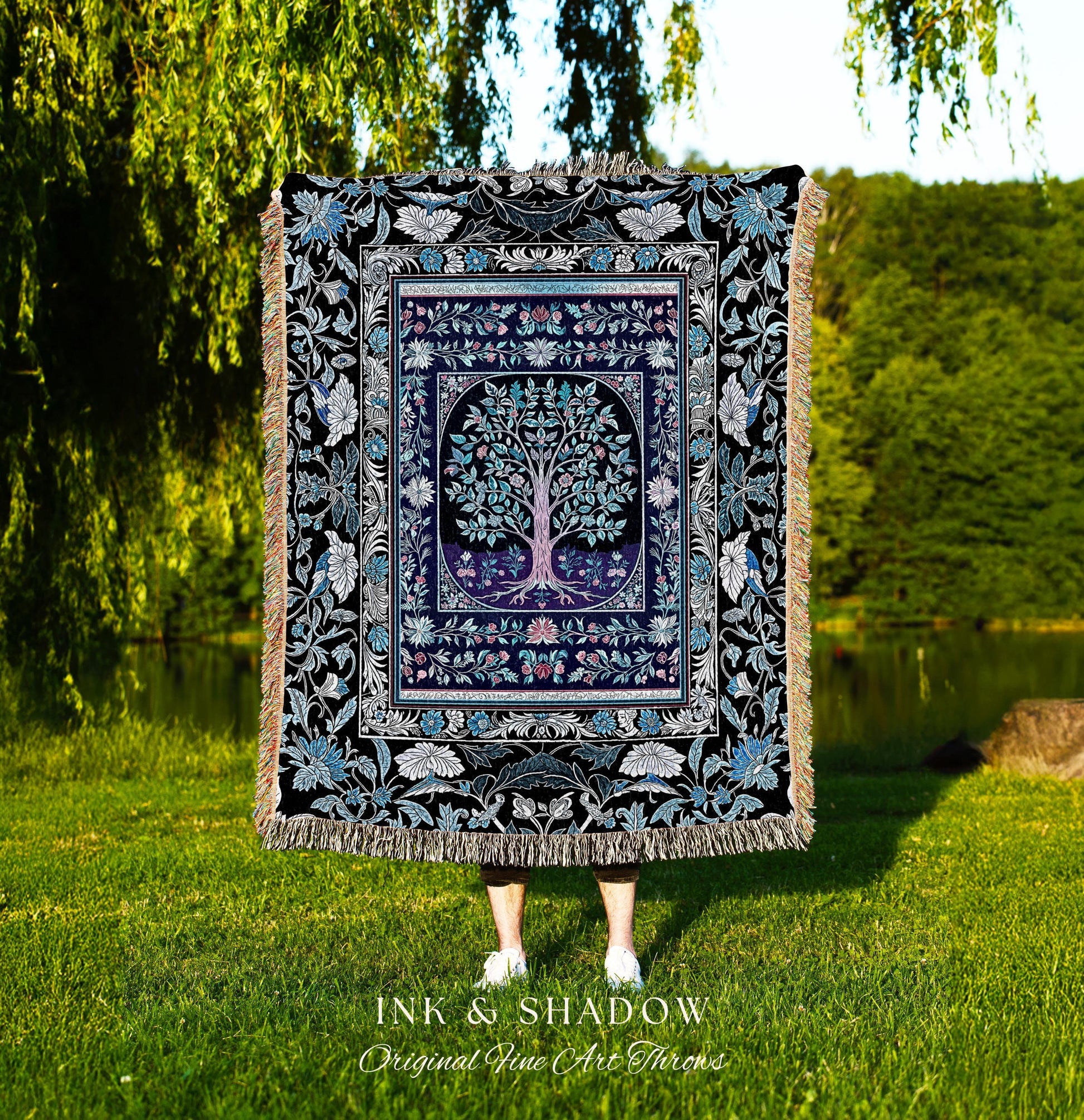 Icy Blue Pastel Gothic Tree Woven Throw Blanket Jacquard Tapestry