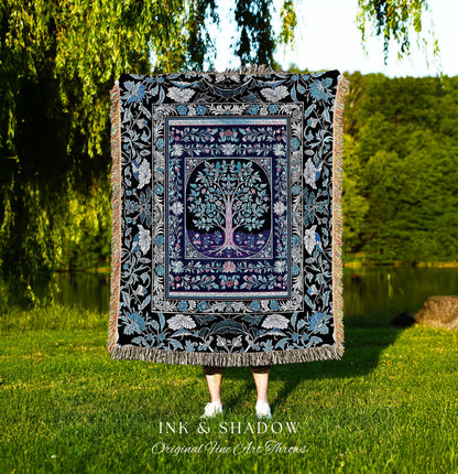 Icy Blue Pastel Gothic Tree Woven Throw Blanket Jacquard Tapestry