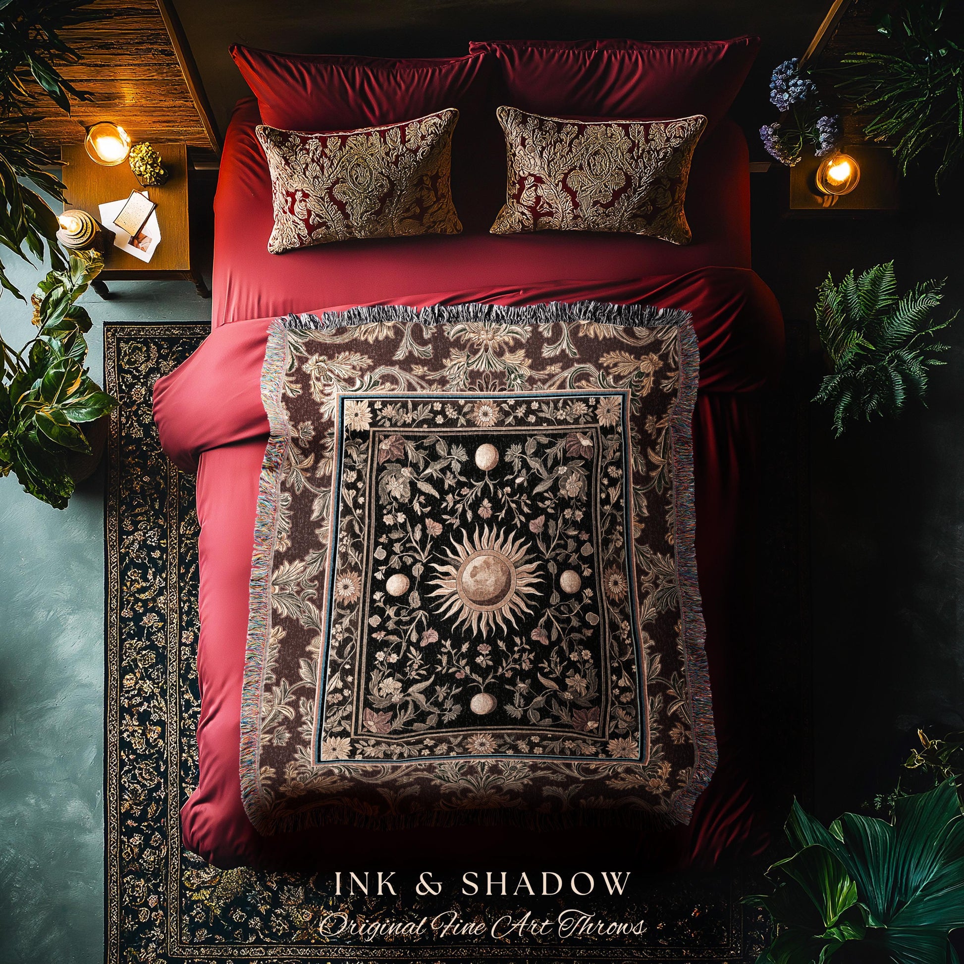 Dark Skies Celestial Throw Blanket | Enchanted Celestial Witchy Astrology Boho Maximalist Decor Sun and Moon Tarot Inspired Woven Tapestry |