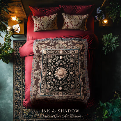 Dark Skies Celestial Throw Blanket | Enchanted Celestial Witchy Astrology Boho Maximalist Decor Sun and Moon Tarot Inspired Woven Tapestry |