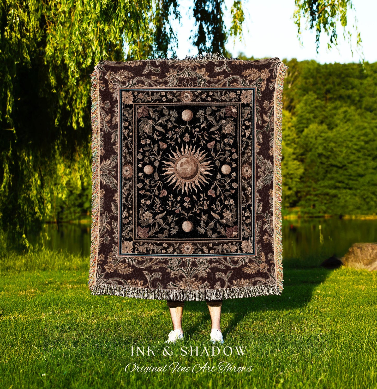 Dark Skies Celestial Throw Blanket | Enchanted Celestial Witchy Astrology Boho Maximalist Decor Sun and Moon Tarot Inspired Woven Tapestry |