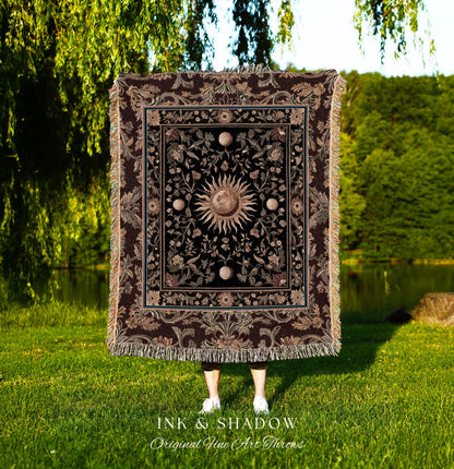 Dark Skies Celestial Throw Blanket | Enchanted Celestial Witchy Astrology Boho Maximalist Decor Sun and Moon Tarot Inspired Woven Tapestry |