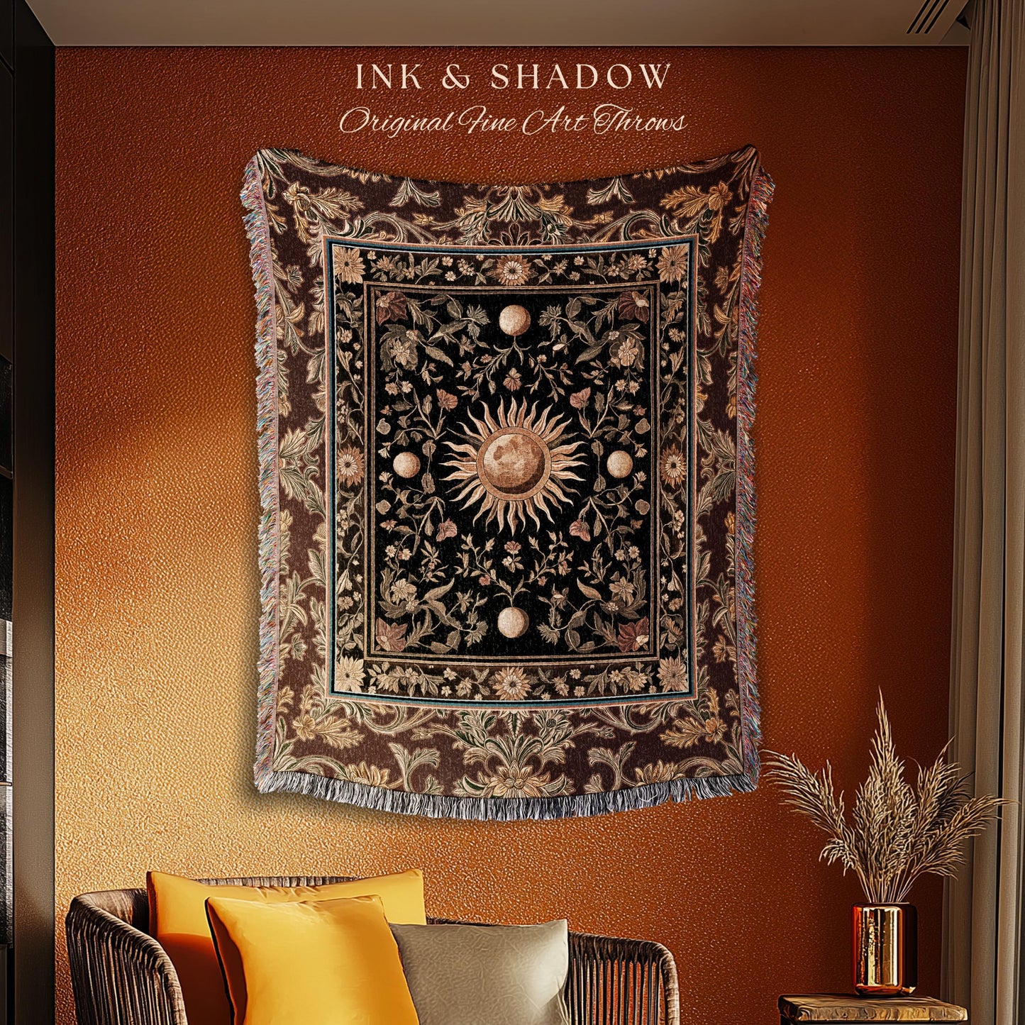 Dark Skies Celestial Throw Blanket | Enchanted Celestial Witchy Astrology Boho Maximalist Decor Sun and Moon Tarot Inspired Woven Tapestry |
