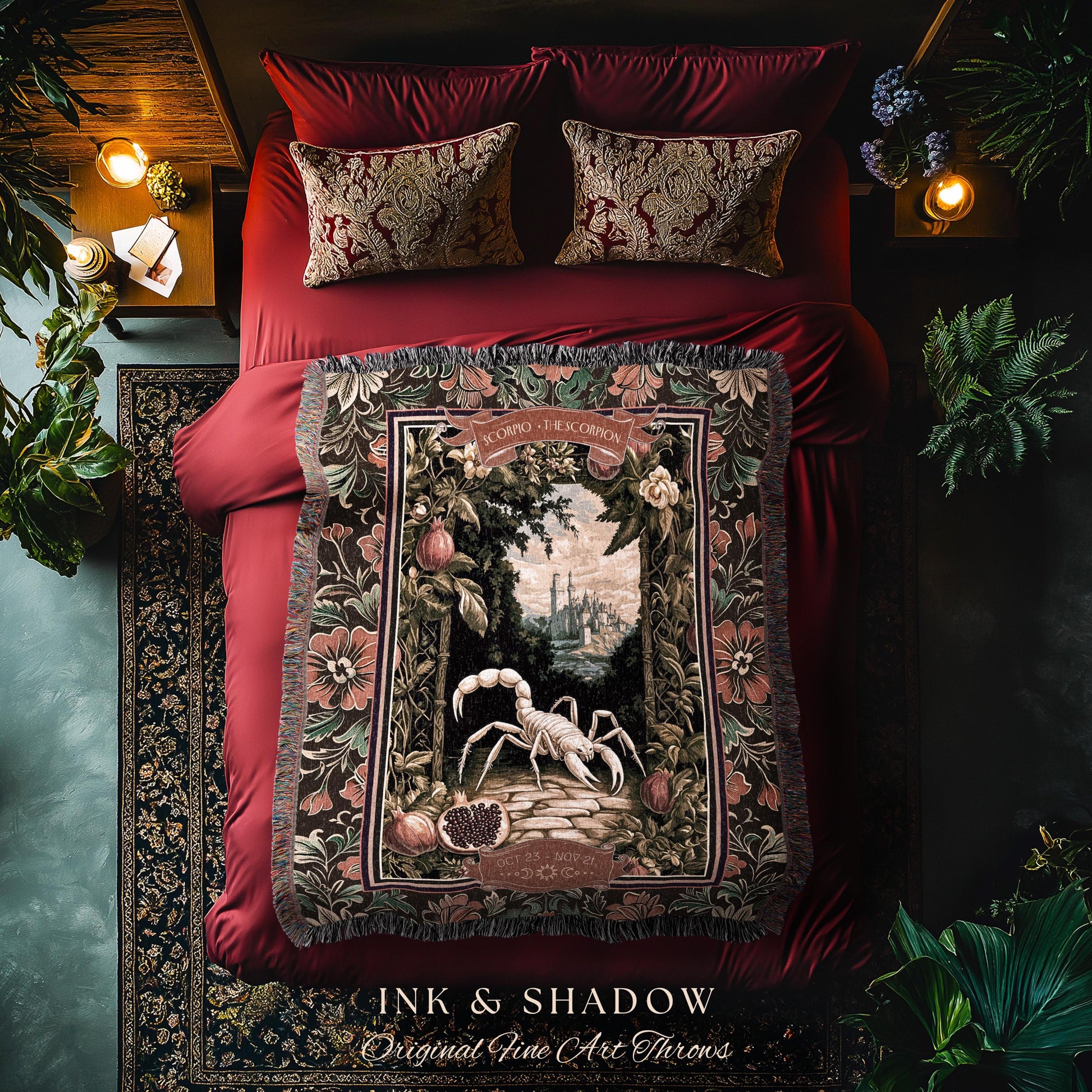Victorian Gothic Scorpio Zodiac Tapestry Light Academia Mythic Medieval Pomegranate Garden Throw, The Scorpion Astrology Birth Month Blanket