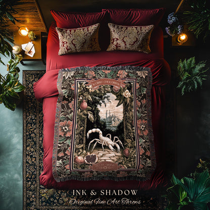 Victorian Gothic Scorpio Zodiac Tapestry Light Academia Mythic Medieval Pomegranate Garden Throw, The Scorpion Astrology Birth Month Blanket