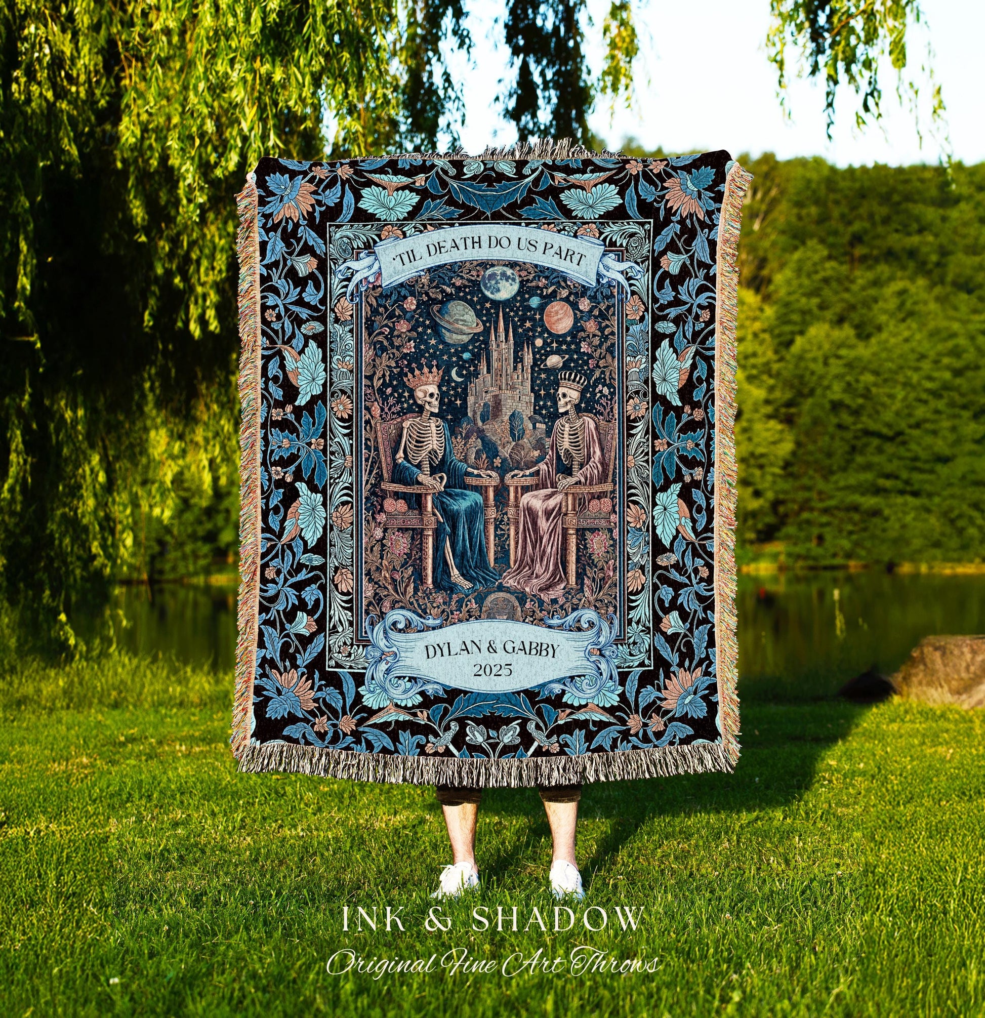 Custom His & Her Skeleton Lovers Blanket | Gothic Aesthetic Royal Romance Baroque Fantasy Cosmic Pastel Whimsical Couple Personalized Throw