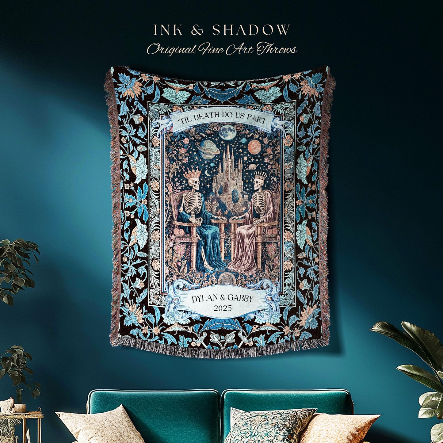 Custom His & Her Skeleton Lovers Blanket | Gothic Aesthetic Royal Romance Baroque Fantasy Cosmic Pastel Whimsical Couple Personalized Throw