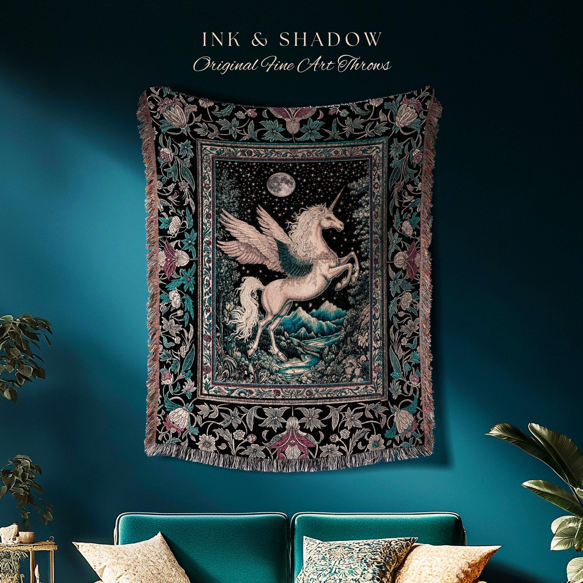 Pastel Moonlight Rustic Pegasus Throw | Baroque Fairytale Decor Whimsical Cottagecore Woven Tapestry Fantasy Boho Forest Regal Castlecore |