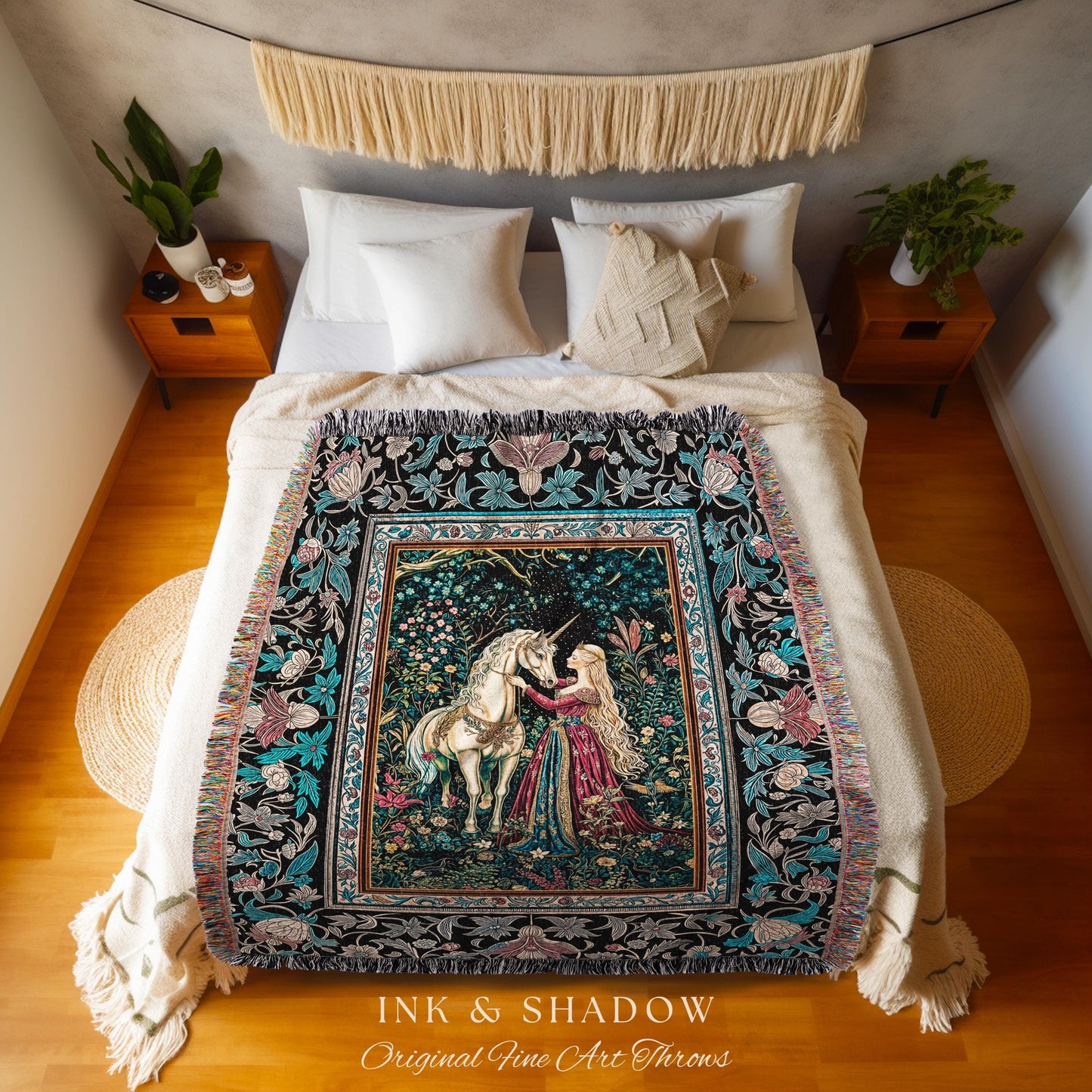 Rustic Fairytale Dark Teal Throw Blanket | Rococo Baroque Inspired Decor Medieval Princesscore Woven Tapestry Dreamy Fantasy Bedroom Style |