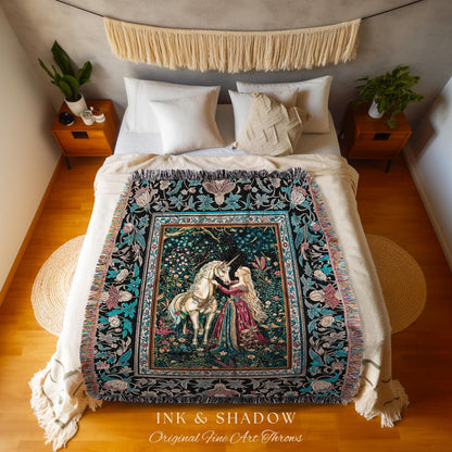 Rustic Fairytale Dark Teal Throw Blanket | Rococo Baroque Inspired Decor Medieval Princesscore Woven Tapestry Dreamy Fantasy Bedroom Style |