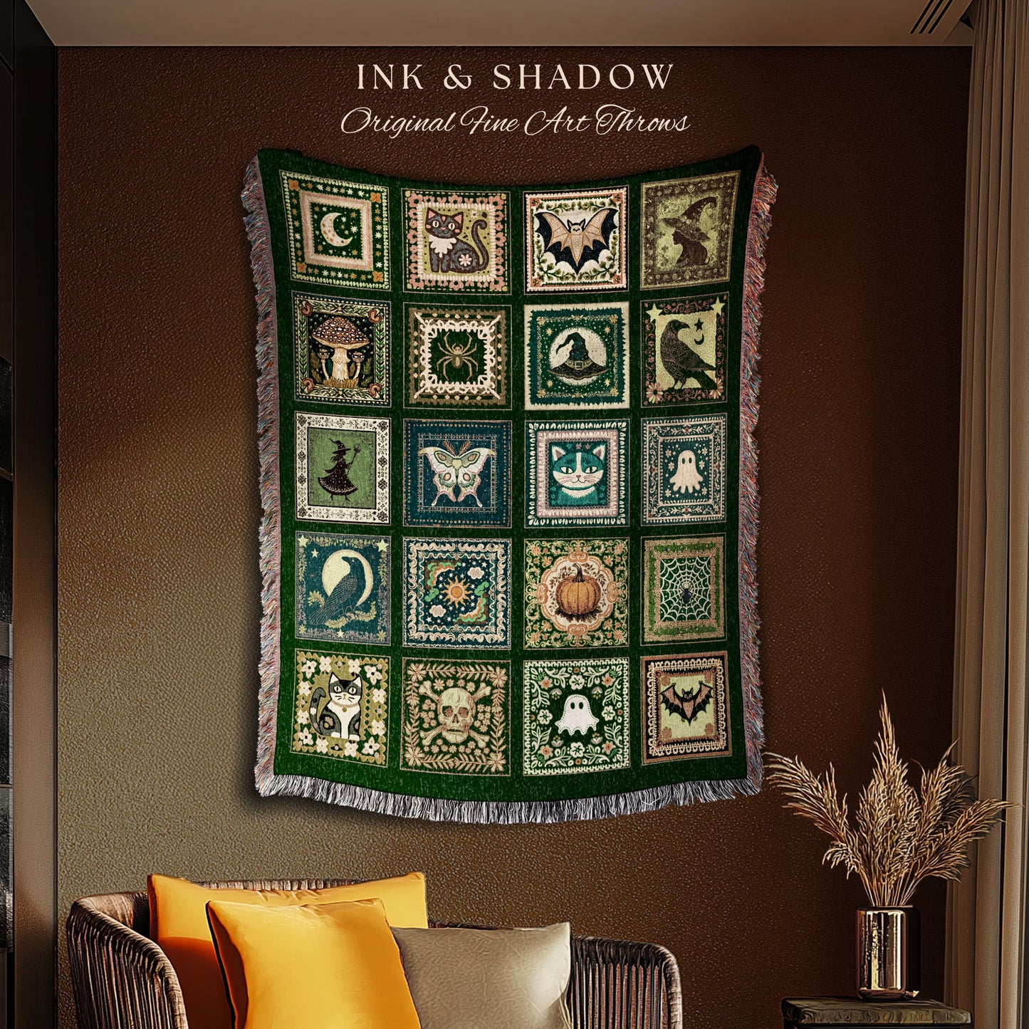 Boho Autumn Witchy Cozy Throw Blanket | Halloween Cozy Bedroom Decor Whimsigoth Tapestry Gothic Green Accent Spooky Gift Fairycore Grunge |