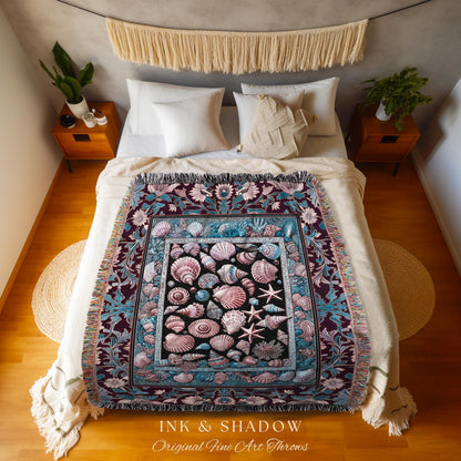 Dreamy Marine Sea Shell Blanket | Beach-Inspired Nautical Throw Coastal Art Fairycore Tapestry Ocean Fantasy Decor Pastel Starfish Accent |