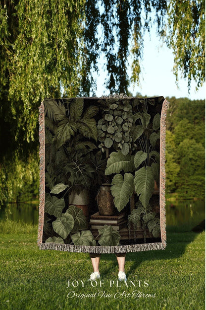 Moody Botanical Jungle Tapestry | Woven Cotton Throw Blanket Dark Cottagecore Decor Blanket Forest Tapestry Goblincore Bedroom Plant Lover |