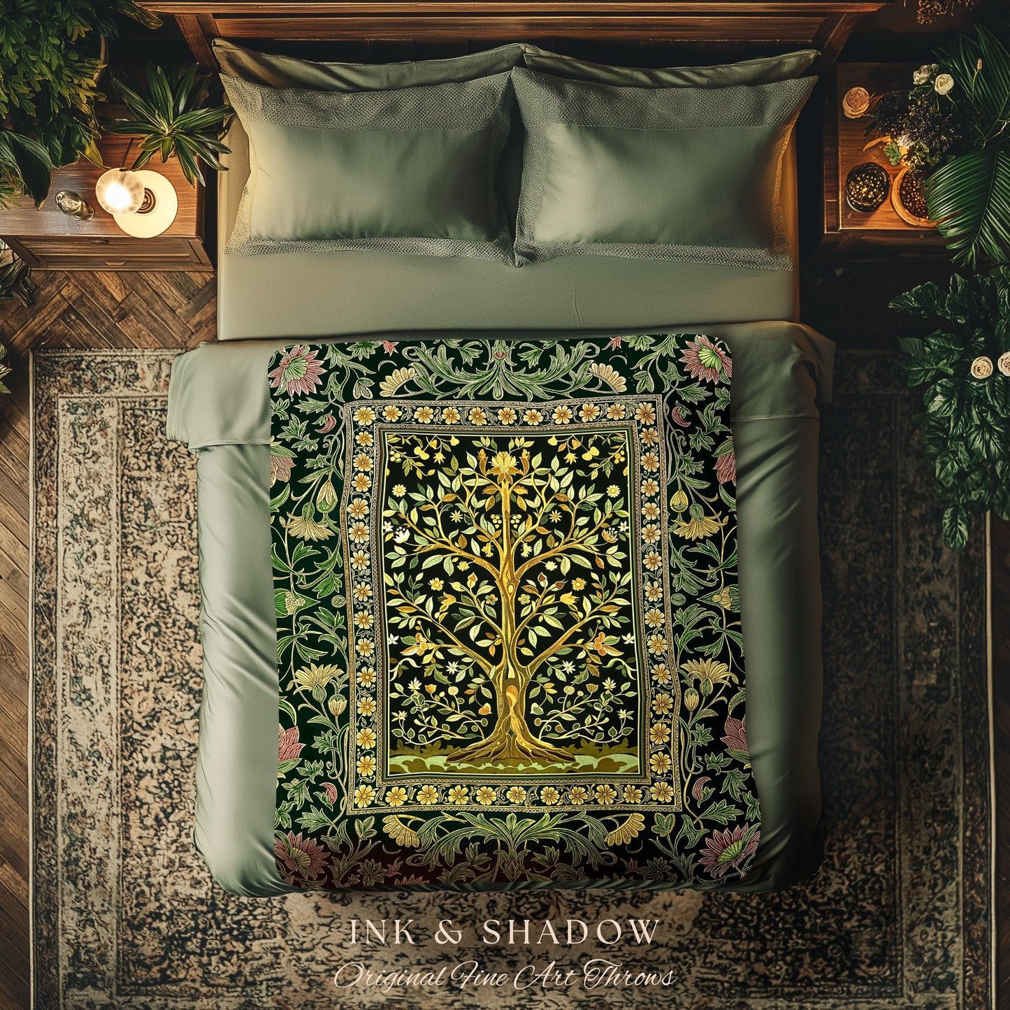 Golden Aesthetic Tree of Life Woven Throw Blanket Jacquard Tapestry