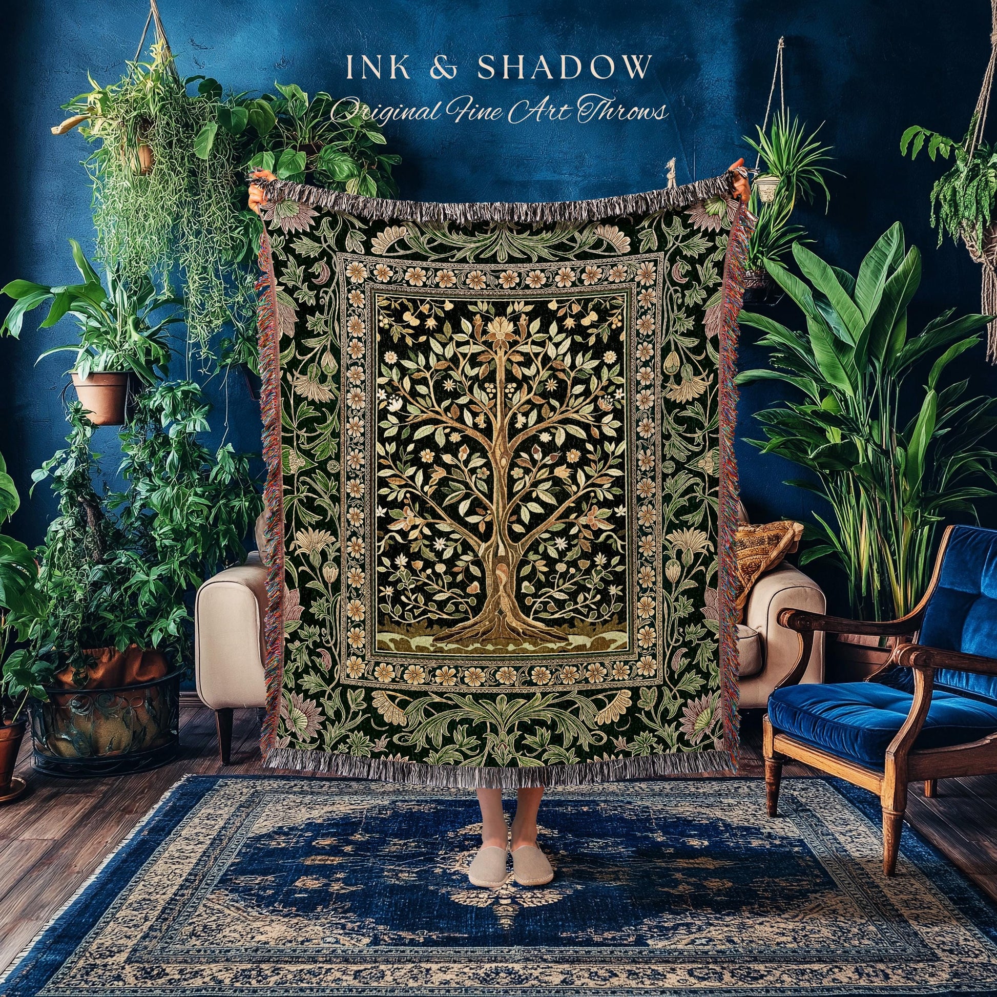 Golden Aesthetic Tree of Life Woven Throw Blanket Jacquard Tapestry