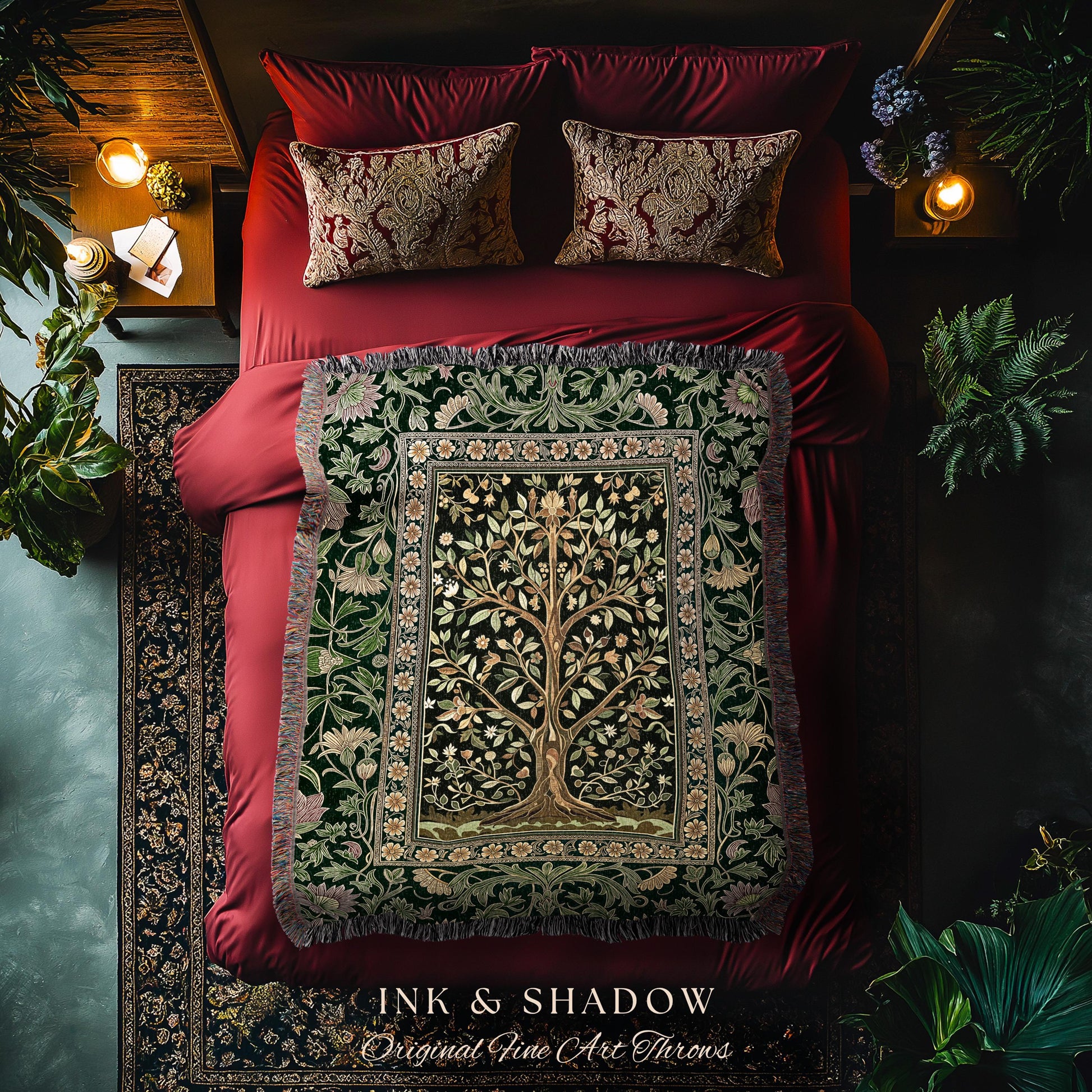 Golden Aesthetic Tree of Life Woven Throw Blanket Jacquard Tapestry