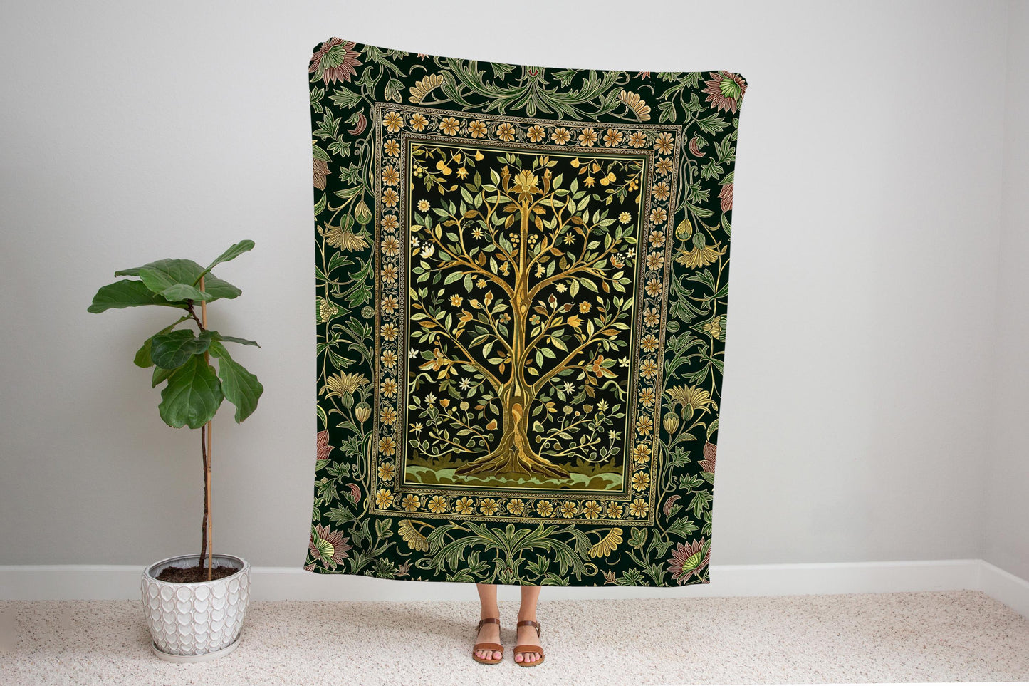 Golden Aesthetic Tree of Life Woven Throw Blanket Jacquard Tapestry