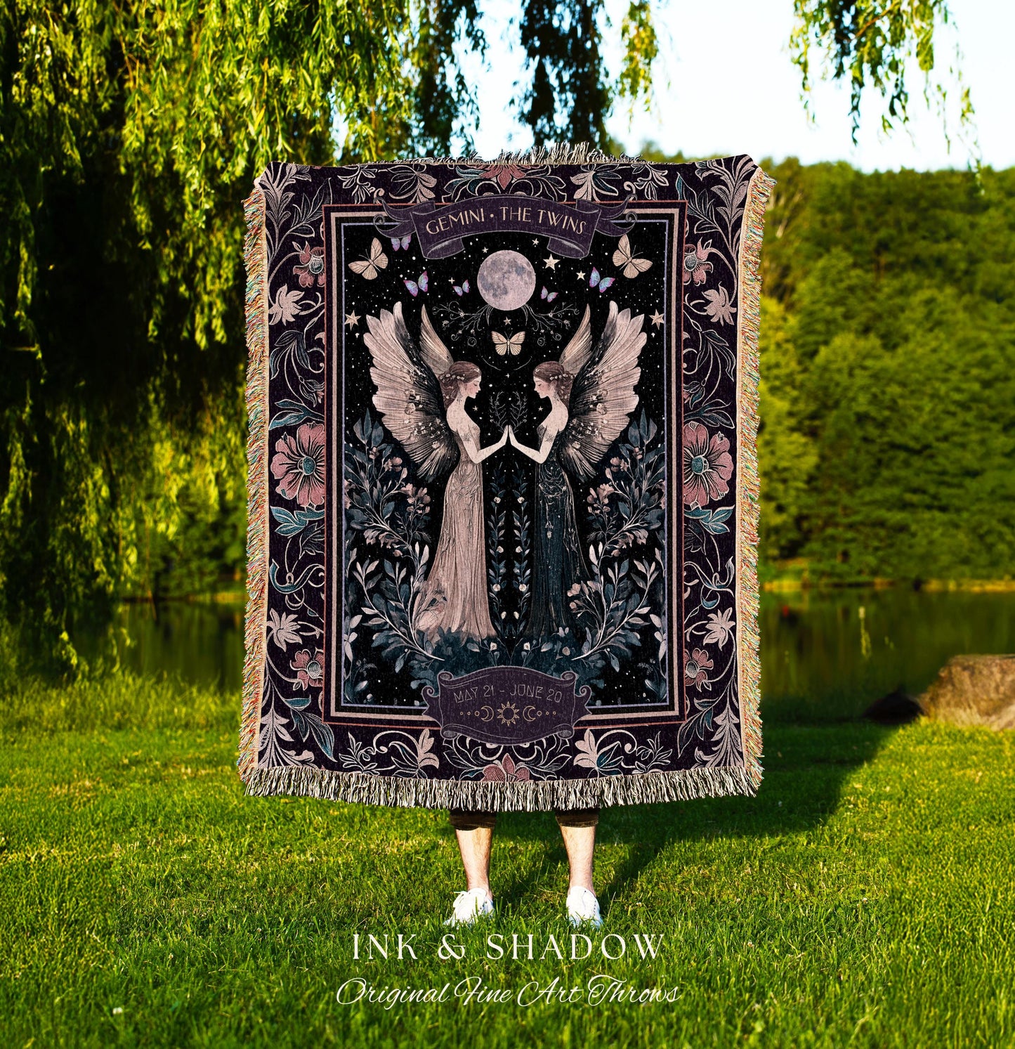 Full Moon Mystic Gemini Zodiac Dark Fairycore Tapestry Blanket Celestial Birthday Gift | The Twins Magic Witchy Whimsy Astrology Art Throw