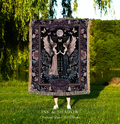 Full Moon Mystic Gemini Zodiac Dark Fairycore Tapestry Blanket Celestial Birthday Gift | The Twins Magic Witchy Whimsy Astrology Art Throw